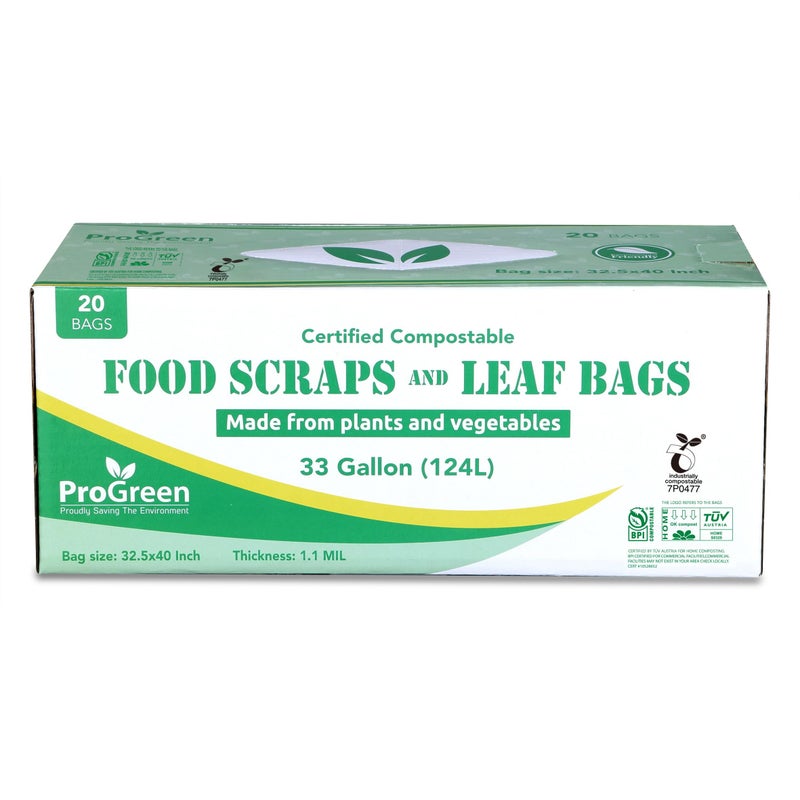 PROGREEN Compost Bags 33 Gallon Compostable Trash Bags, Extra Thick 1.1 Mil, Compost Kitchen Bin Bags, Food Scraps Yard Waste Bags, ASTM D6400 BPI & TÃœV AUSTRIA Certified - Image 2